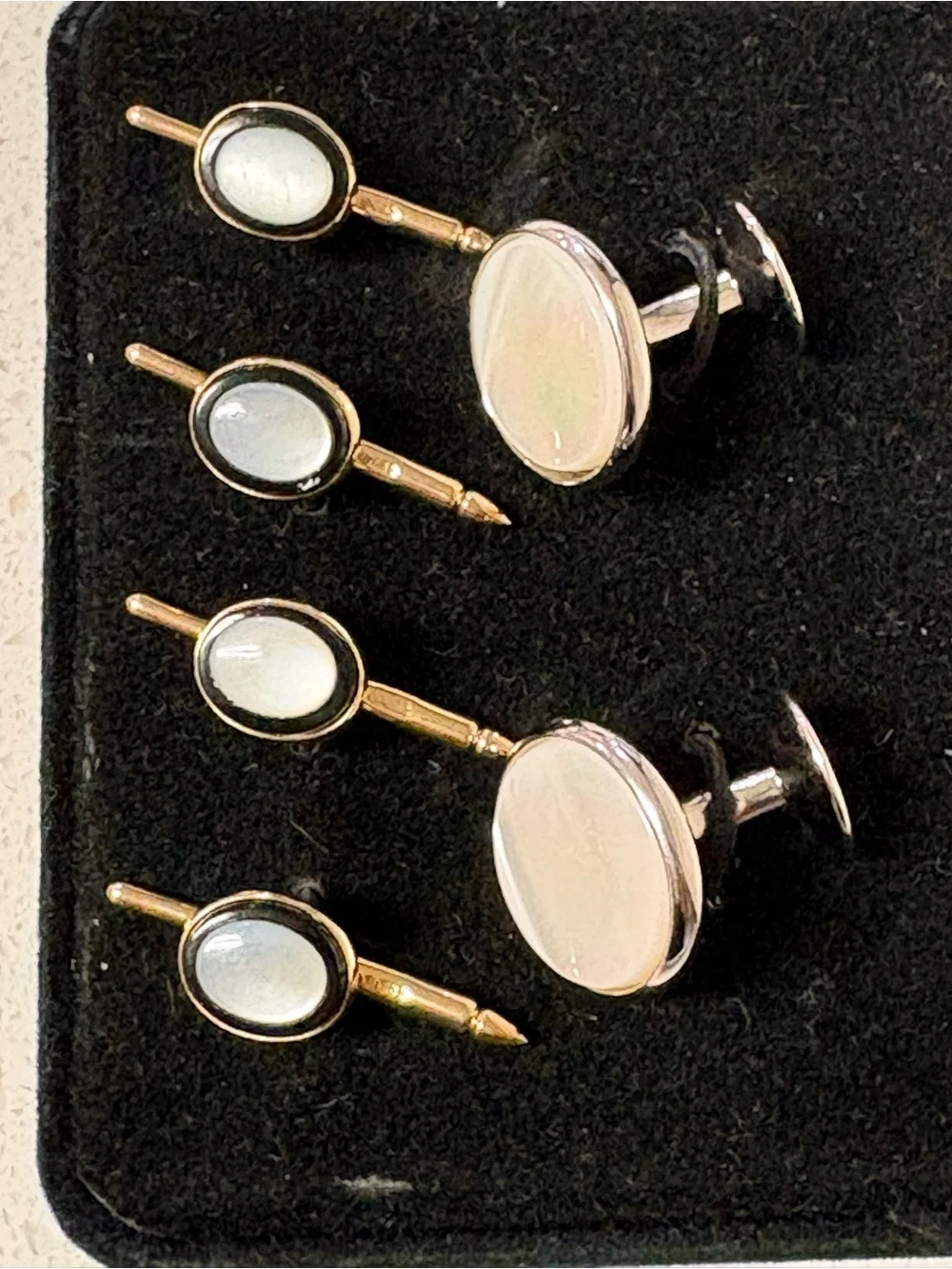 VTG Solid 14K Gold 585 Mother of Pearl 6PC Tuxedo Cufflinks & Stud Set